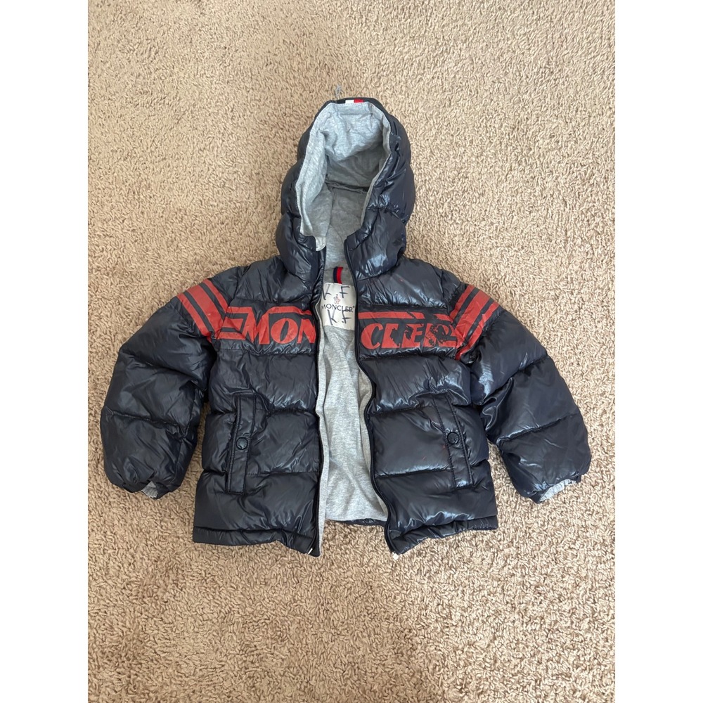 Moncler Enfant Boys Navy Blue Red Logo Puffer Jacket Hooded Down Coat Size 2